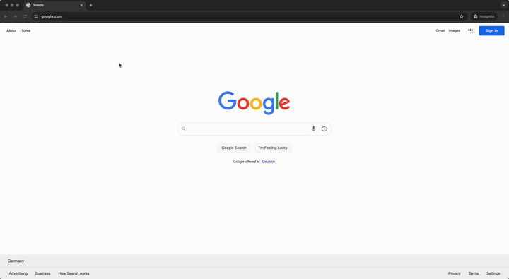 Gif showing the whole workflow. Open new tab in Google Chrome browser, typing in the AskUI Practice Page URL and pressing enter. Then the practice page is opened