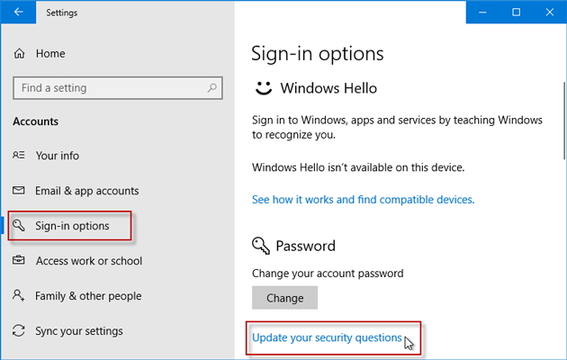 How to Add Security Questions to Local Account Windows 10