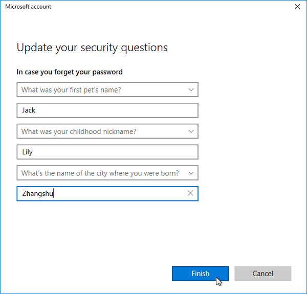 How to Add Security Questions to Local Account Windows 10