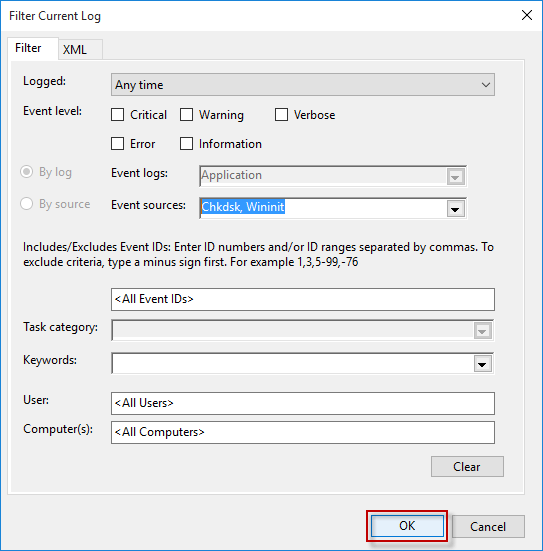 Read the Event Viewer Logs for Check Desk in Windows 10