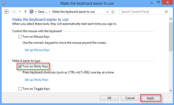 How to Turn on/off Sticky Keys in Windows 8