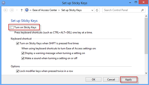 How to Turn on/off Sticky Keys in Windows 8