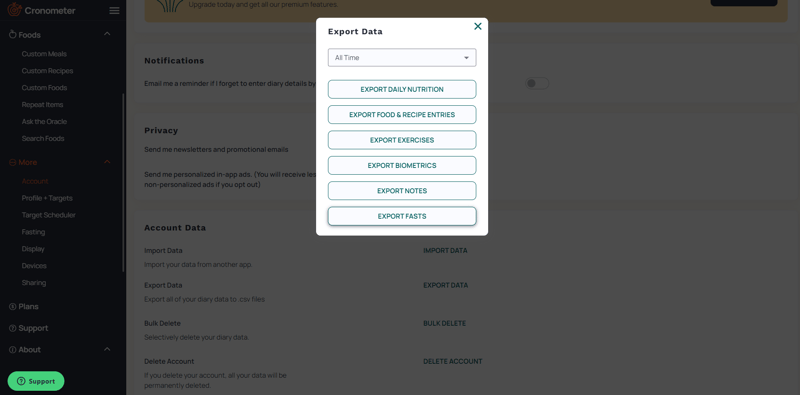 Screenshot of the export options from Cronometer