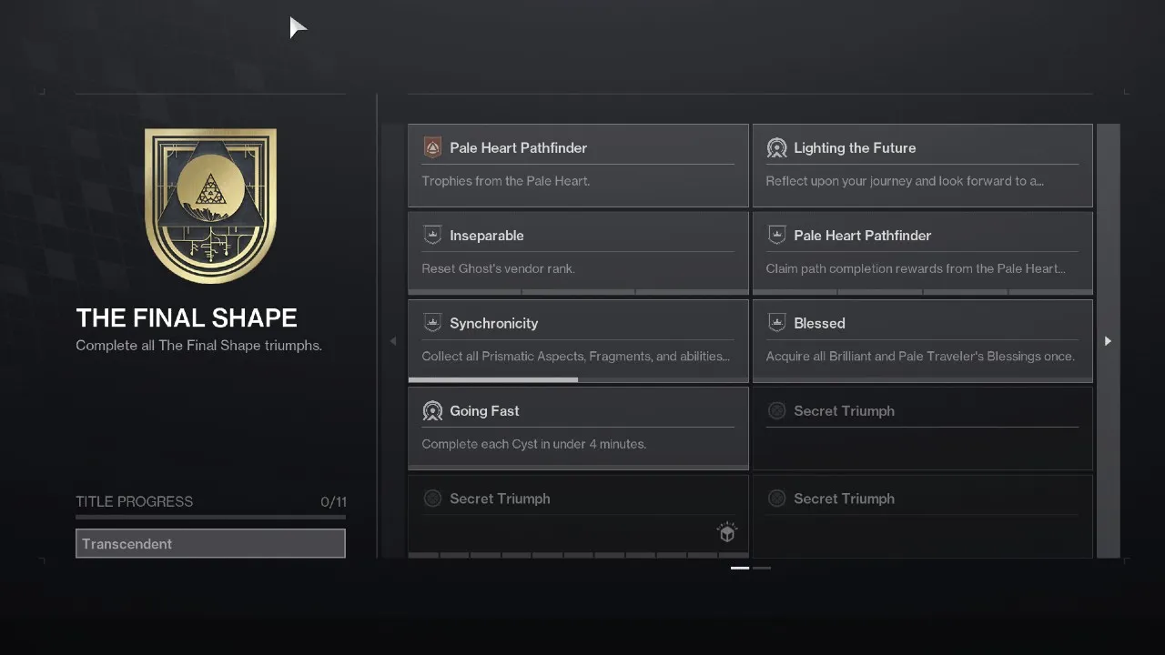 All Destiny 2 The Final Shape Seal Triumphs for Transcendent Title walkthrough: Secret Triumphs, explained
