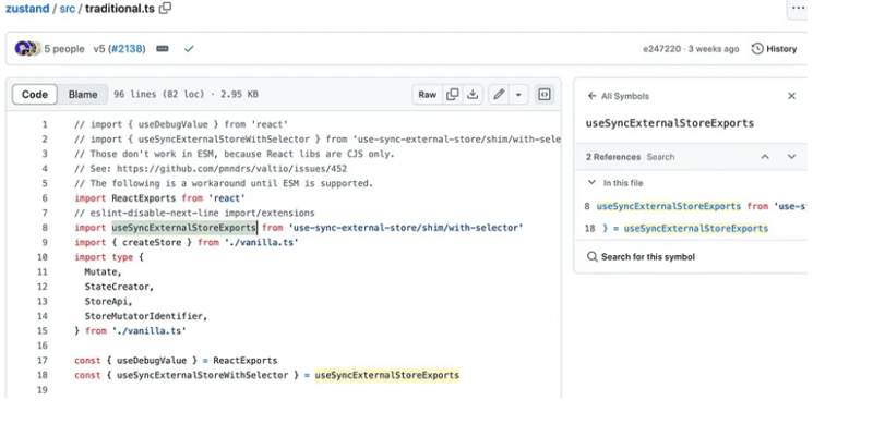 useSyncExternalStoreExports in Zustand source code explained.