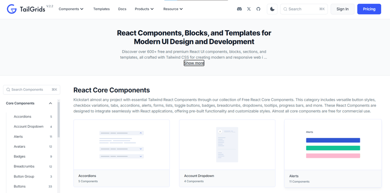 TailGrids React:   Tailwind CSS React UI Components