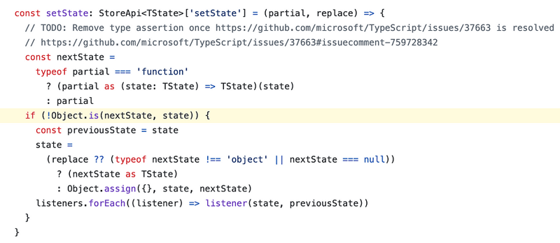 Object.is() usage in Zustand’s source code.