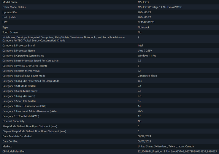 Unreleased MSI Prestige 13 AI  EVO ultrabook with Intel Core Ultra 7 258V pops up in certification database