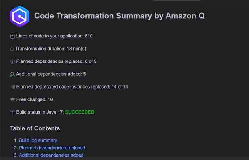 Transforming Java ode to Java Using Amazon Q Transformation