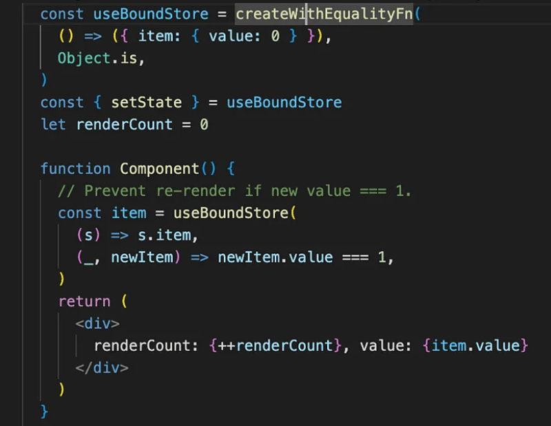 createWithEqualityFnImpl in Zustand’s source code explained.