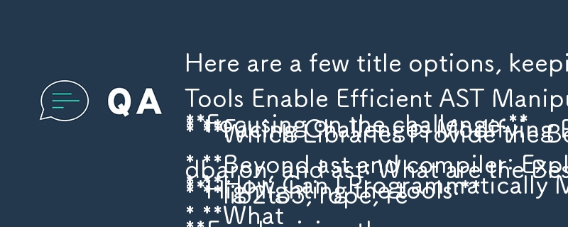 Here are a few title options, keeping in mind the need for a question format:

**Focusing on the challenge:**

* **How Can I Programmatically Modify Python Source Code Using ASTs?**
* **What Tools Enable Efficient AST Manipulation for Python Code Modifica