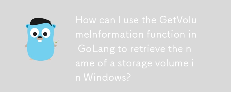 How can I use the GetVolumeInformation function in GoLang to retrieve the name of a storage volume in Windows? 
