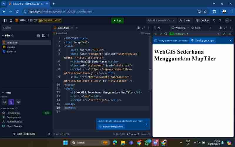 Panduan Lengkap Belajar HTML, CSS, dan JavaScript dengan Replit untuk Membuat WebGIS Sederhana Menggunakan MapTiler