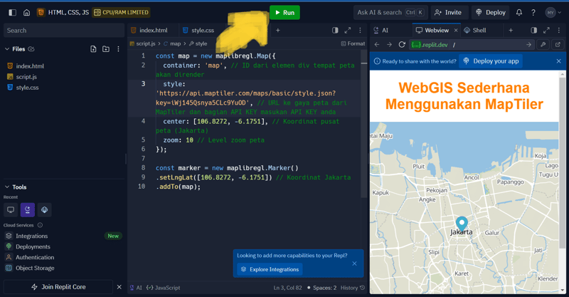 Panduan Lengkap Belajar HTML, CSS, dan JavaScript dengan Replit untuk Membuat WebGIS Sederhana Menggunakan MapTiler