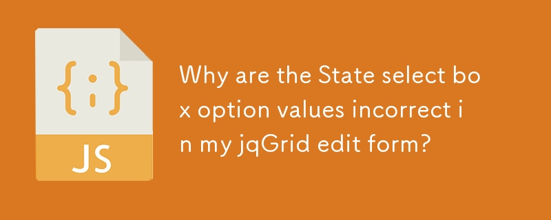 Why are the State select box option values incorrect in my jqGrid edit form? 
