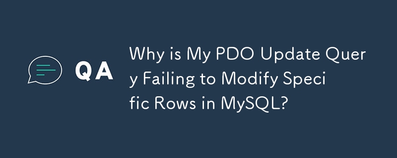 Why is My PDO Update Query Failing to Modify Specific Rows in MySQL? 
